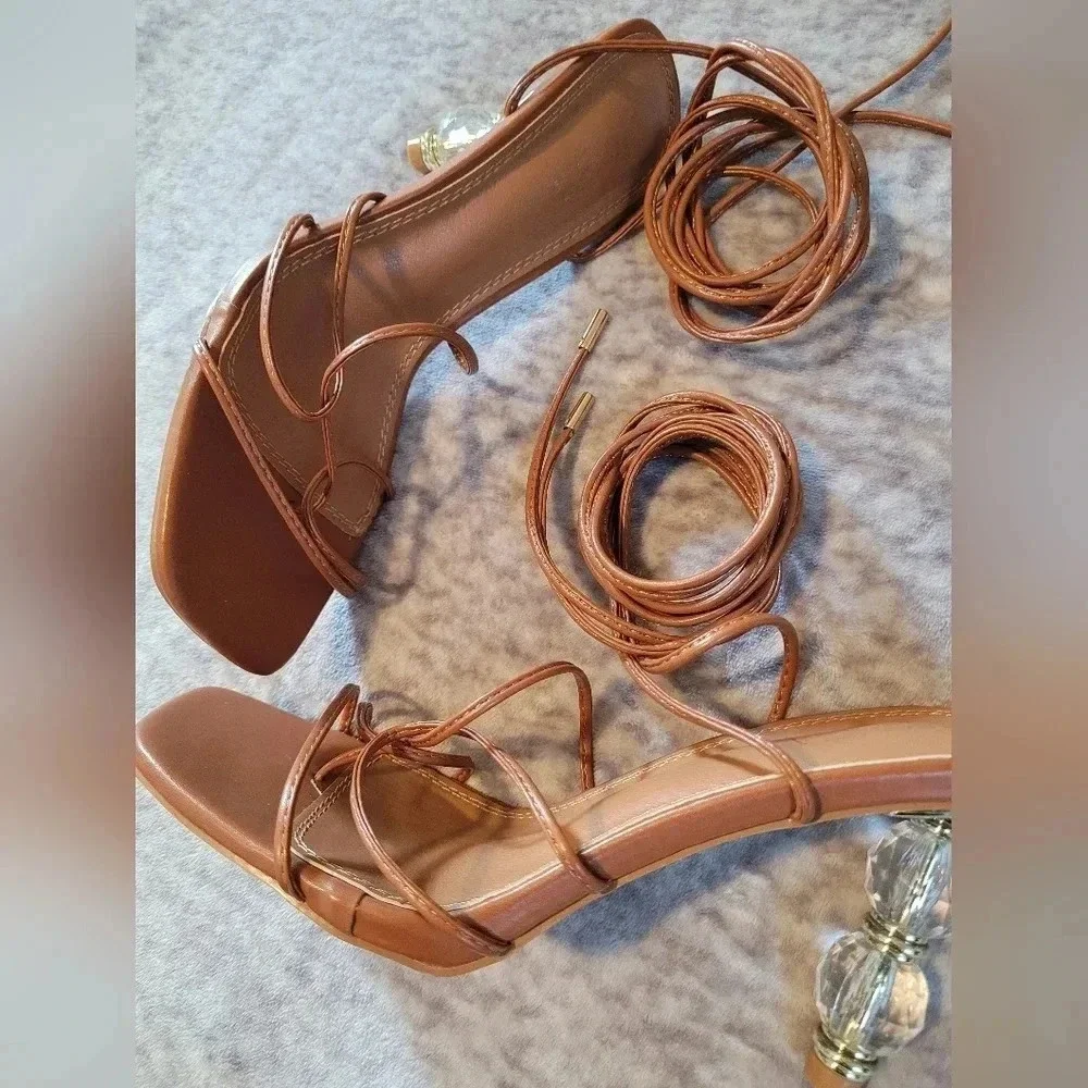 Women's 9 Caramel square toe strappy wrap around laces sandals crystal heels